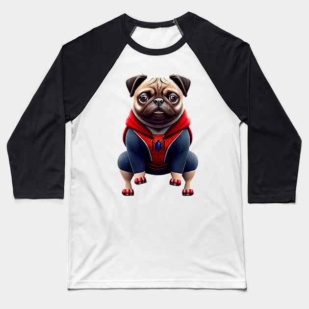 Pug in Superhero Suit - Adorable Pug Dressed as Spider Inspired Hero Baseball T-Shirt by fur-niche